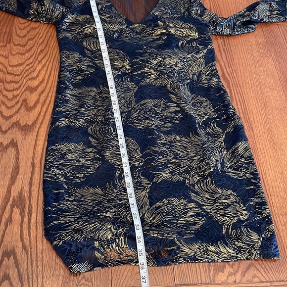 Marina cocktail stretch lace foil dress STATEMENT sheer BACK sheath navy gold L - Picture 13 of 16